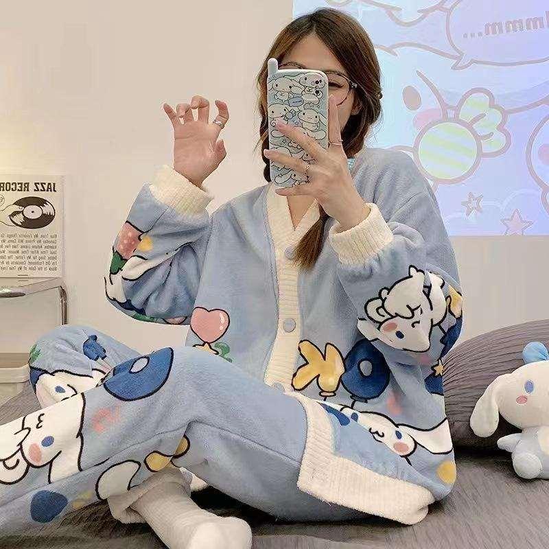 Women Pajamas 2 Pcs Sets Flannel Long Sleeve Casual Sleepwear Cartoon Warm Winter Women Home Wear